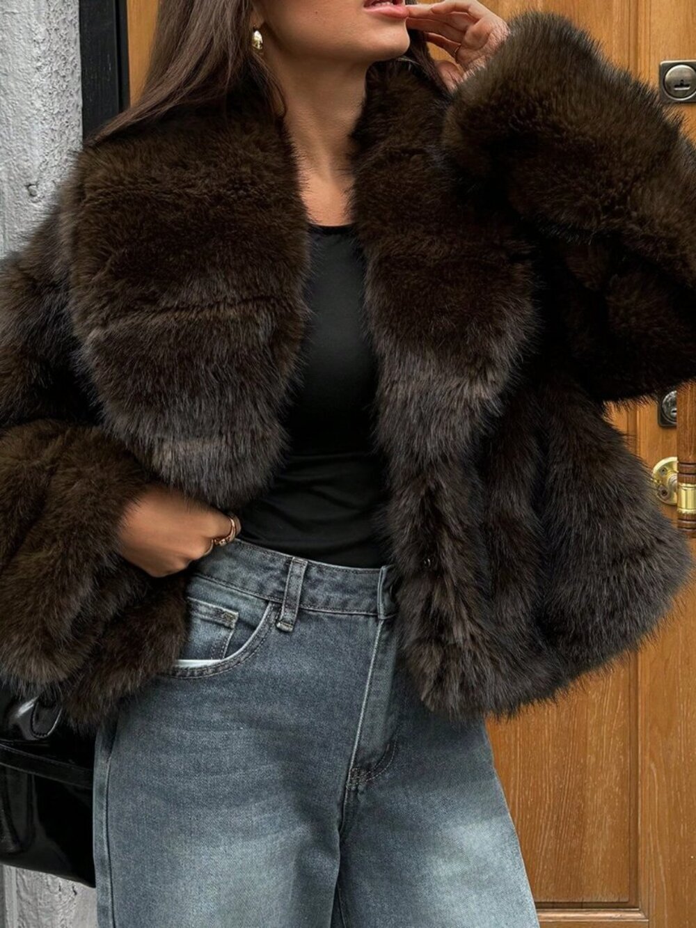 Mocha Brown Casual Women's Faux Fox Fur Coat - Picture 1 of 8